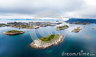 Aerial view of Henningsvaer fishing village on Lofoten islands in Norway Stock Photo