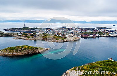 Aerial view of Henningsvaer fishing village on Lofoten islands in Norway Stock Photo
