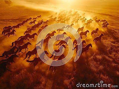Aerial view, herd of wild horses running across field Stock Photo