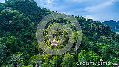 aerial view the high pagoda on the mountain Tapon cave Stock Photo
