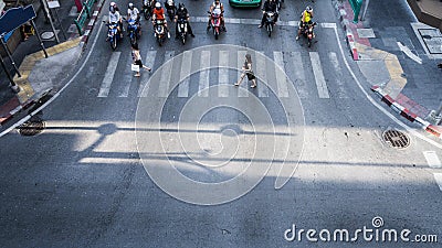 A aerial view of the high traffic on a street intersection with people and motorcycle Editorial Stock Photo