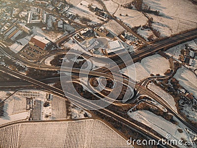 aerial view of highroad and rooftops at winter Stock Photo