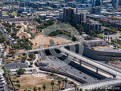 Aerial view of the highway and crossroads intersections in Phoenix, USA. Stock Photo