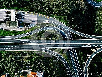 Aerial view of highway, expressway and motorway with a toll payment point in Italy Stock Photo