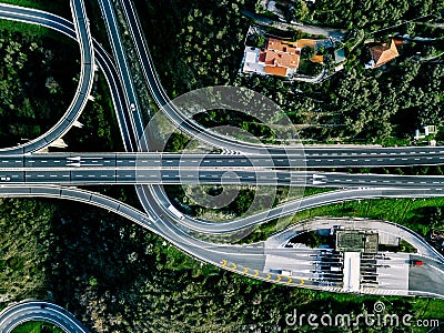 Aerial view of highway, expressway and motorway with a toll payment point in Italy Stock Photo