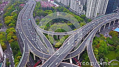 Aerial view of highway junctions shape letter x cross. Bridges, roads, or streets with trees in transportation concept. Structure Stock Photo