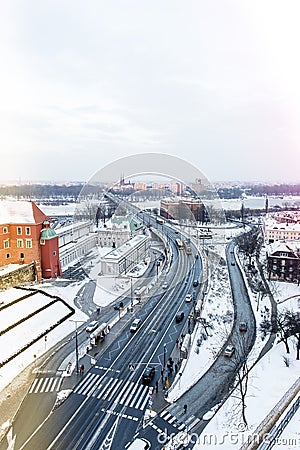 Aerial view of highway leading into Warsaw Old town, overlooking the Praha river, light leaks on the side Stock Photo