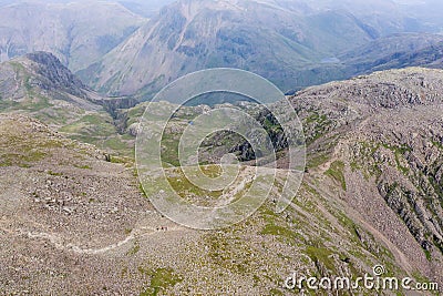 Aerial view of hikers on the summit of Scafell Pike Stock Photo