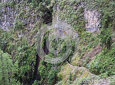 Aerial view at hiking trail Casa del Monte to Los Tilos along Levada and water tunnel. Beautiful nature reserve on La Stock Photo