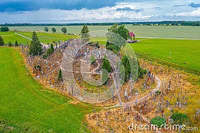 Aerial view of Hill of Crosses near Lithuanian town Siauliai Stock Photo