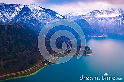 An aerial view of the hill lake in the Alps, Austria Stock Photo