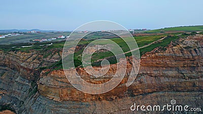 Aerial view hill landscape ocean side. Greenery slopes covered low vegetations Stock Photo