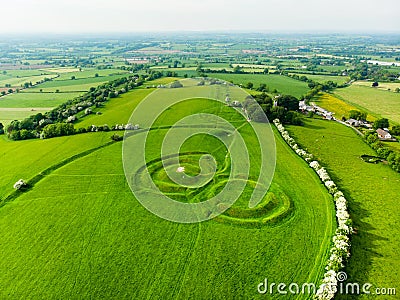 Aerial view of the Hill of Tara, an archaeological complex, containing a number of ancient monuments used as the seat of the High Stock Photo