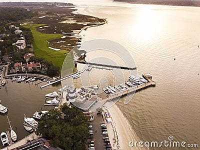 Aerial view of Hilton Head with lighthouse, beach, and golf course Editorial Stock Photo