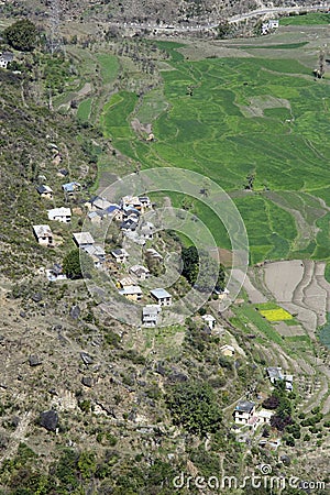 Aerial view of a Himalayan village and terrace farming Stock Photo