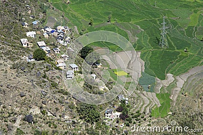 Aerial view of a Himalayan village and terrace farming Stock Photo