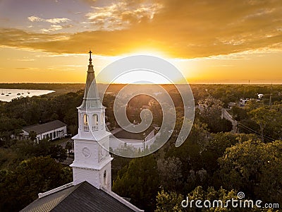 Aerial view of historic church steeple and sunset in Beaufort, S Stock Photo