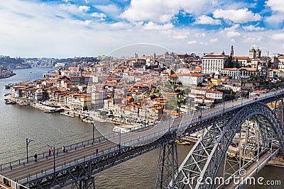 Aerial view of the historic city Porto, Dom Luiz bridge. Porto Editorial Stock Photo
