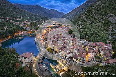 Aerial view on historical town Breil-sur-Roya at dusk, France Stock Photo