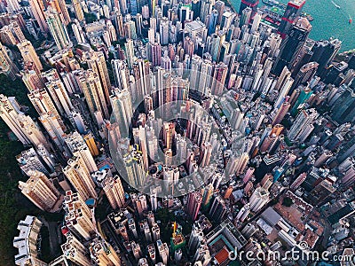 Aerial view of Hong Kong Downtown. Financial district and business centers in smart city in Asia. Top view of skyscraper and high Editorial Stock Photo