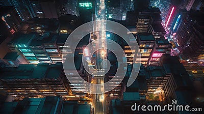 Aerial view of Hong Kong at night with neon lights, China. Stock Photo