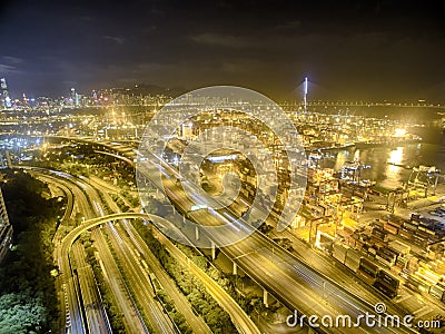Aerial view of Hong Kong Night Scene, Kwai Chung in golden color Stock Photo