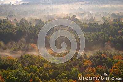 An aerial view of a hot air balloon floating over the Vermont country side Stock Photo