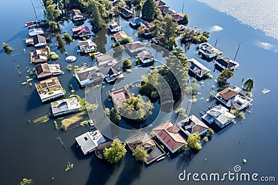 Aerial view of houses flooded with dirty water of a river. Buildings and cars submerged in water during an overflow of water Stock Photo