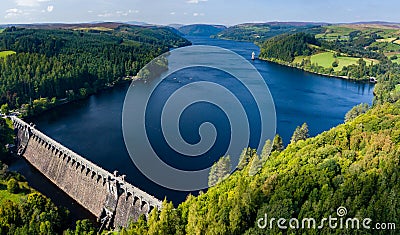 Drone view of a huge lake surrounded by rural farmland and forest. Lake Vyrnwy, Wales Stock Photo