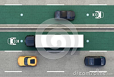 Aerial view of hybrid truck and blue electric car on wireless charging lane Stock Photo