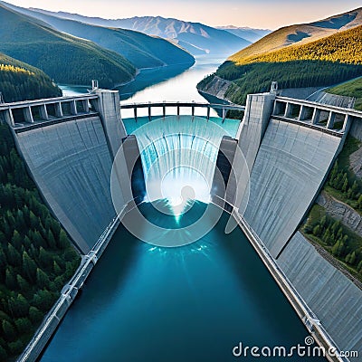 Aerial view of hydroelectric power Cartoon Illustration