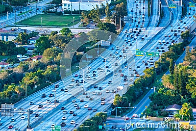 Aerial view of I-95 interstate with sunset traffic, Miami, Florida Stock Photo