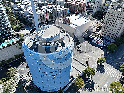 Aerial shot of the Capitol Records Building in Los Angeles, California. Editorial Stock Photo