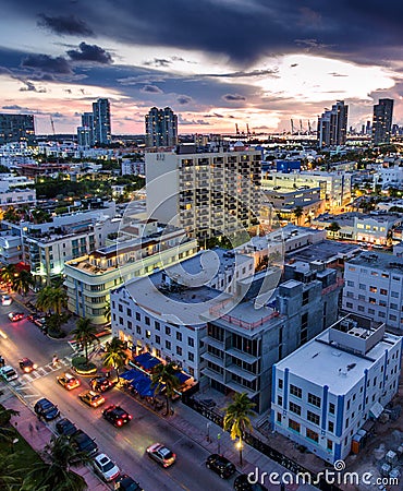 Aerial view of illuminated Ocean Drive and South beach, Miami, Florida, USA Stock Photo