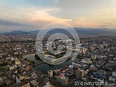 Aerial view of Imabari Castle and city landscape at dawn Stock Photo