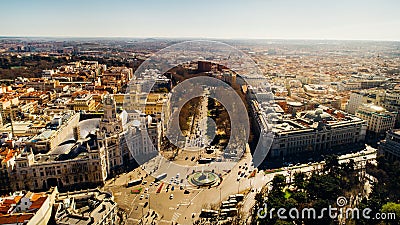 Aerial view of the important traffic intersection and the Plaza de Cibeles square in the city of Madrid, Spain Stock Photo