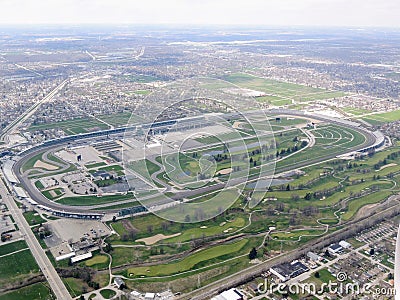 Aerial view of Indianapolis 500, an automobile race held annually at Indianapolis Motor Speedway in Speedway, Indiana through clou Editorial Stock Photo