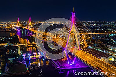 Aerial view of Industry Ring Suspending bridge at night in Bangkok, Thailand. Stock Photo