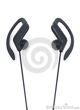 Aerial view of internal sports headphones isolated on white background. Adjustable curved hooks for a secure hold, keep headphones Stock Photo