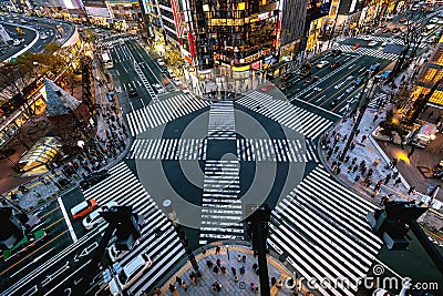 Aerial view of intersection in Ginza, Tokyo, Japan at night Stock Photo