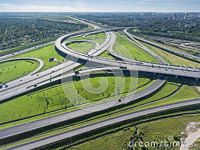 Aerial view at intersections of Western High Speed Diameter WHSD and city ringroad at summer. St. Petersburg, Russia Stock Photo