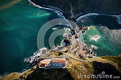 Aerial view of the island and the Gaztelugatxe temple. Northern Spain in winter. Stock Photo