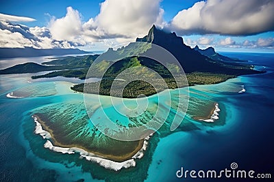 Aerial view of the island of Mauritius in the Indian Ocean, Bora Bora aerial view, Tahiti, French Polynesia, AI Generated Stock Photo