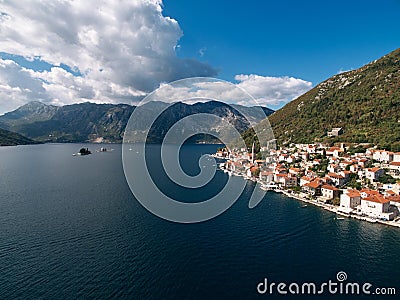 Aerial view of the islands of the Bay of Kotor and the coast of Perast. Montenegro Stock Photo