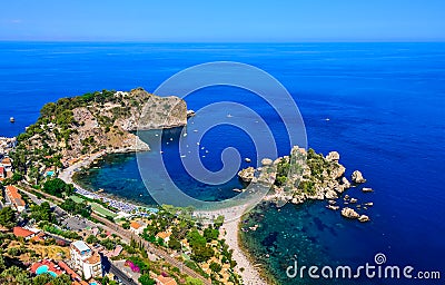 Aerial view of Isola Bella beach coast in Taormina, Sicily Stock Photo