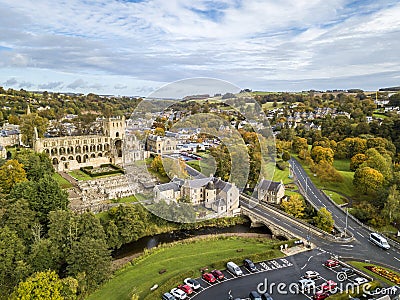 Aerial view of Jedburgh in autumn with the ruins of Jedburgh Abbey in Scotland Stock Photo