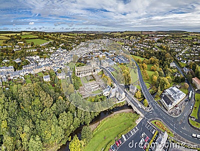 Aerial view of Jedburgh in autumn with the ruins of Jedburgh Abbey in Scotland Stock Photo