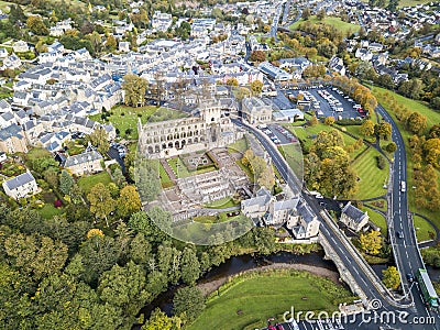 Aerial view of Jedburgh in autumn with the ruins of Jedburgh Abbey in Scotland Editorial Stock Photo