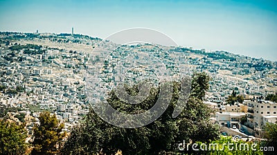 Panorama of Jerusalem - residential areas and the wall of the Old City Stock Photo