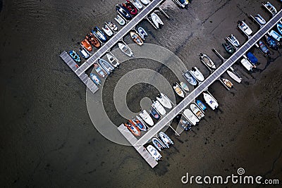 Aerial view of Jetty full of boats and dinghy Stock Photo